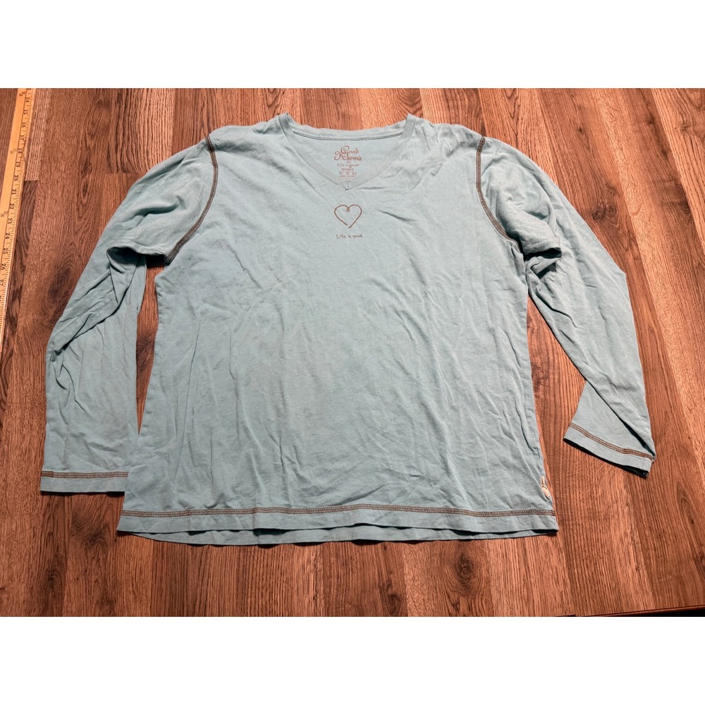 Life is Good Shirt Women Size XL Light Blue Long Sleeve V-Neck Heart Tee